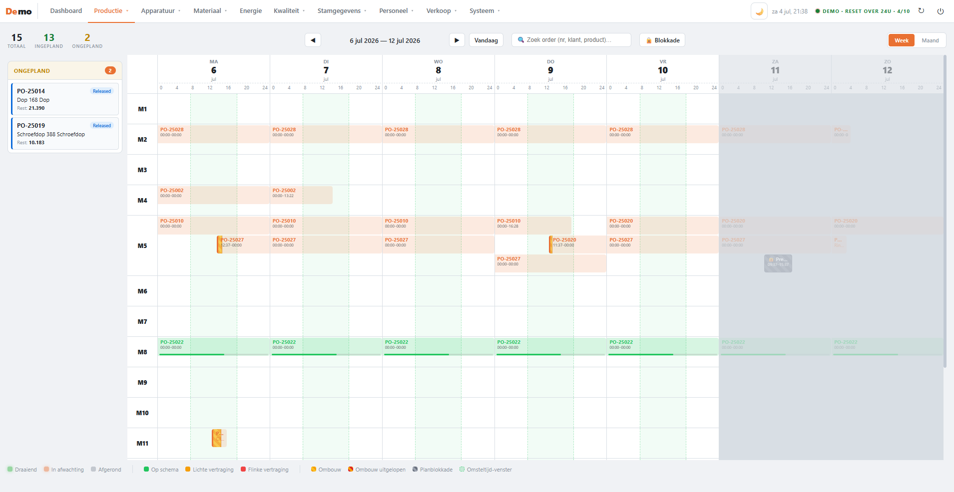 Realtime planbord in Prime Control MES met productieorders per machine in een weekoverzicht, automatisch bijgewerkt op basis van actuele cyclustijden
