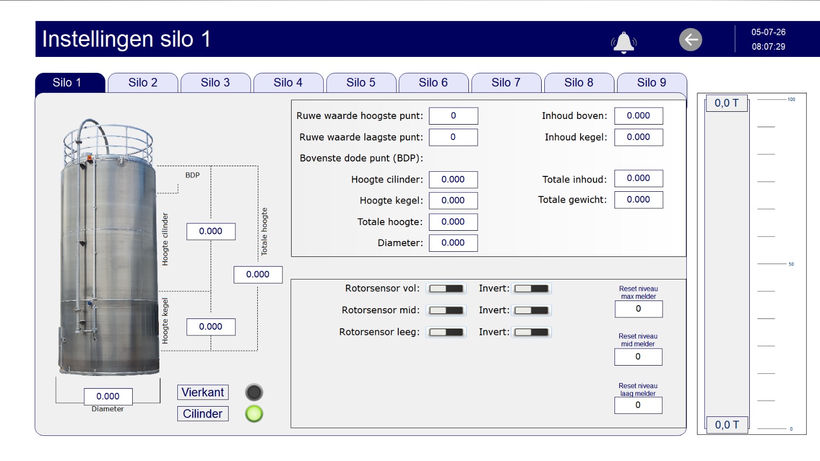 Settings screen per silo with geometry, volume calculation and rotary paddle sensors for full, mid and empty detection