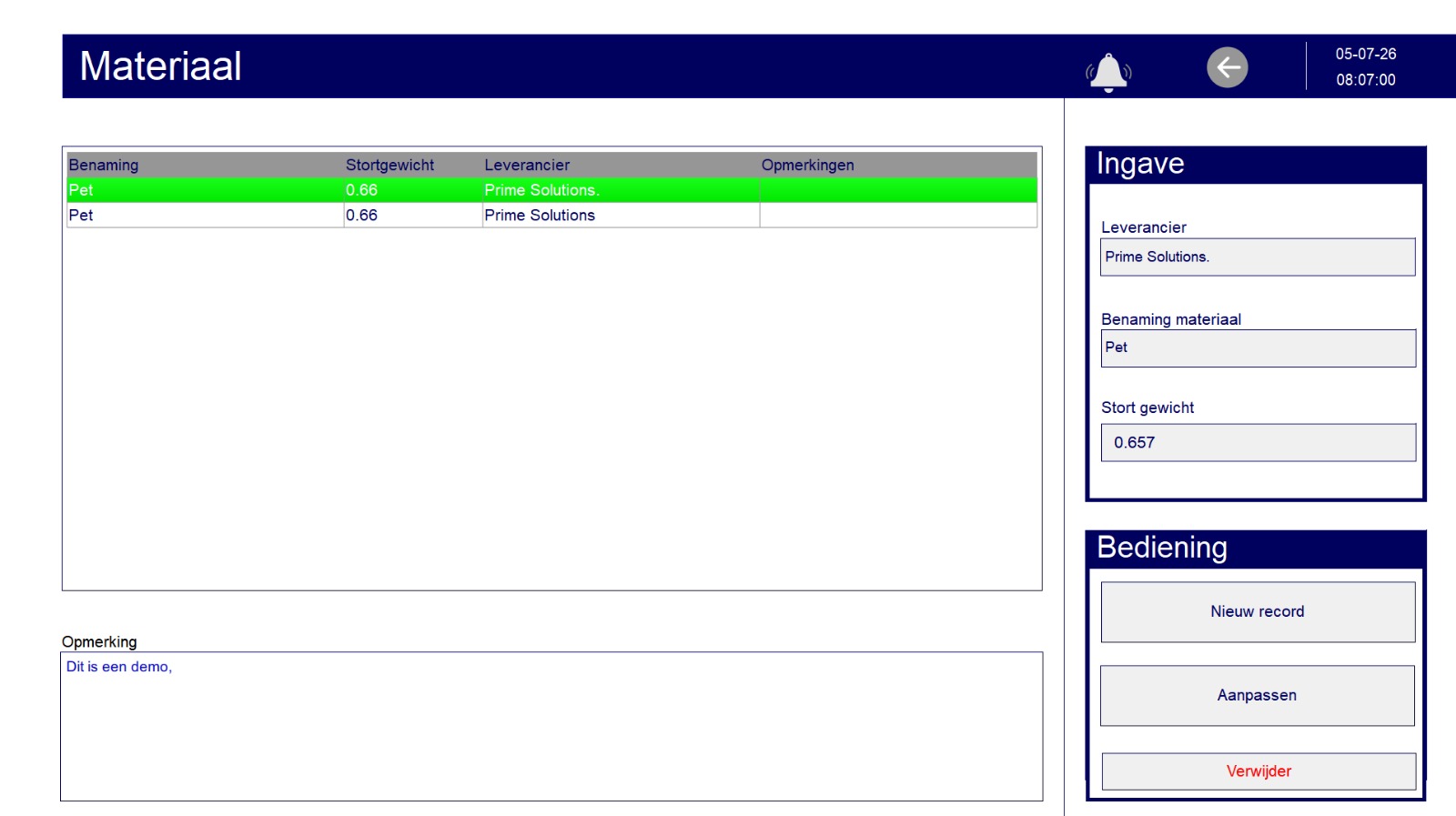 Material management screen of the silo management system with raw materials, bulk density and supplier