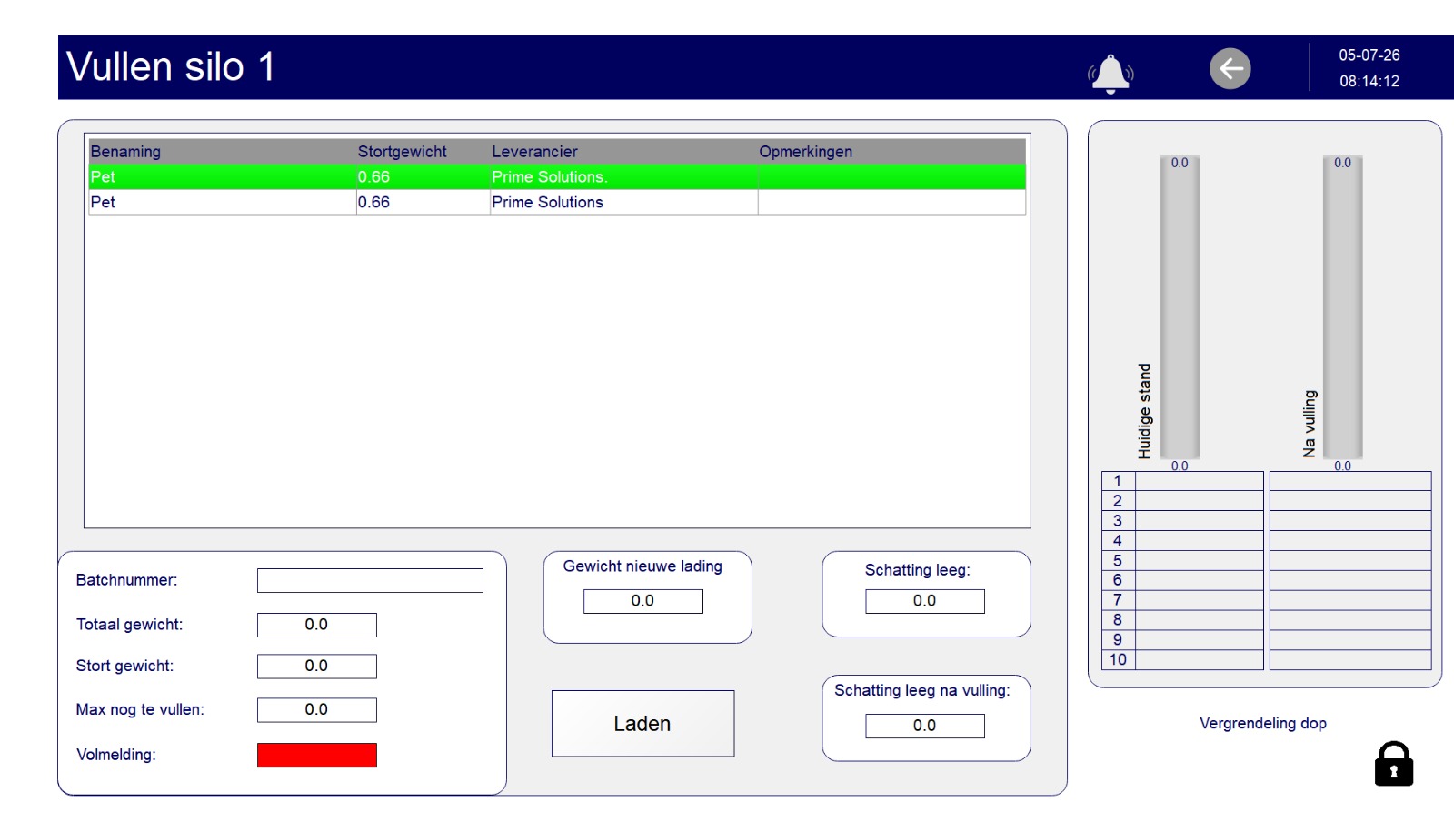 Filling screen of the silo management system with batch number, weight of the new delivery, maximum fill capacity and locking of the fill cap